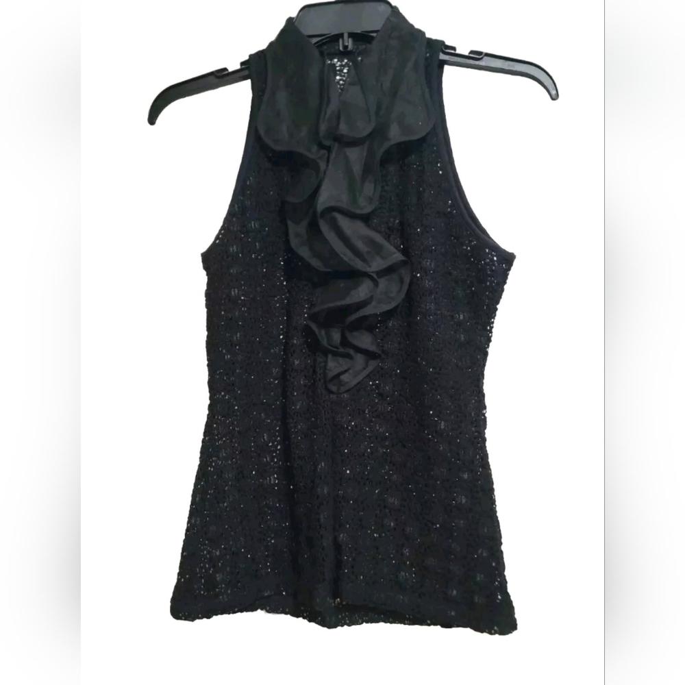 Anne Fontaine Black Crochet Knit Ruffle Blouse Womens Small Sleeveless Zip Up